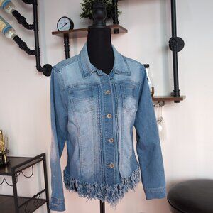Live a Little Blue Denim Fringed Hem Jacket Size Medium